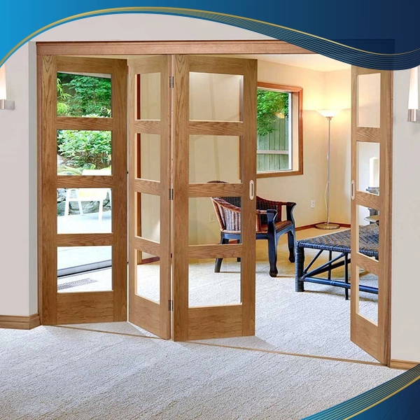 Cửa nhôm xếp trượt 4 cánh quy cách 4-3-1 dùng trong khu nhà biệt thự cao cấp với khung cửa màu vân gỗ