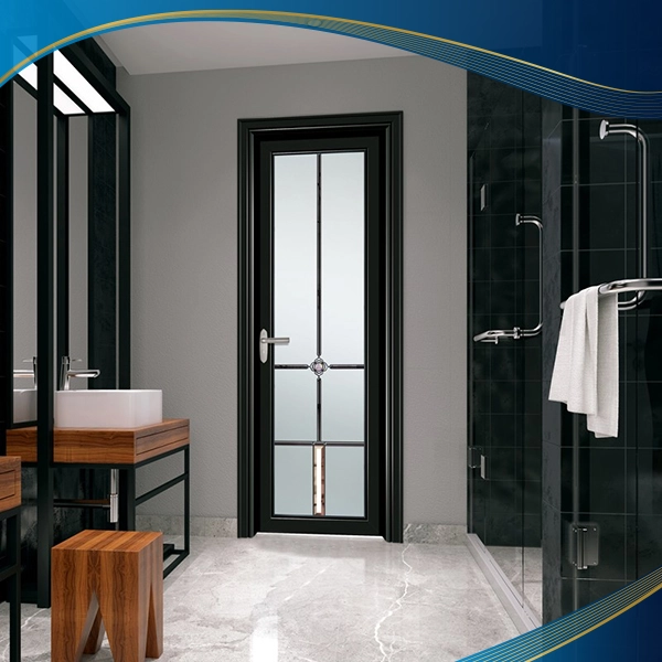 Cửa nhựa lõi thép 1 cánh màu đen kính mờ kết hợp thanh nan cho phòng vệ sinh nhà bạn