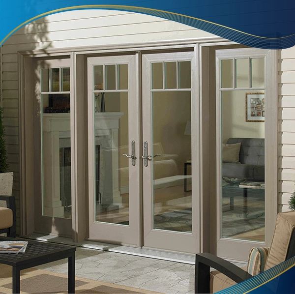Cửa đi chính mở quay được làm bằng nhựa uPVC 4 cánh màu xám ghi