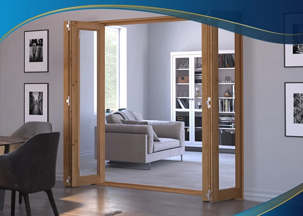 Cửa nhựa lõi thép xếp trượt 4 cánh màu nâu ứng dụng cửa ra vào phòng đọc sách