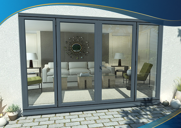 Cửa nhựa lõi thép 4 cánh mở quay màu đen nhám cho căn phòng khách của căn villa theo phong cách hiện đại