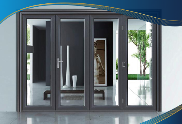Cửa nhựa lõi thép 4 cánh màu xám mở quay kính trong