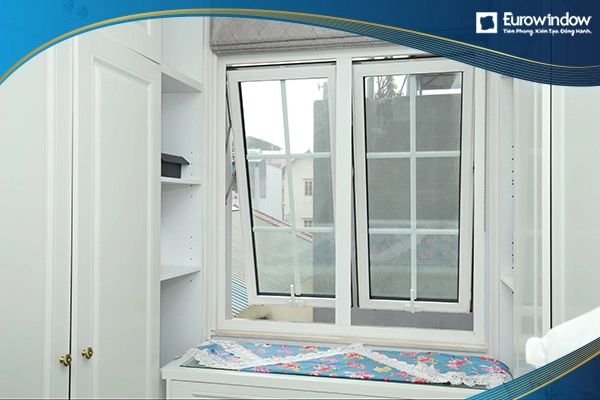Cửa nhựa lõi thép 2 cánh mở hất kết hợp chia nan màu trắng