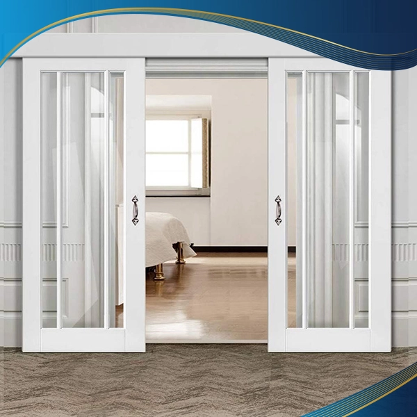 Cửa đi 2 cánh mở trượt màu trắng kết hợp thanh nan trang trí