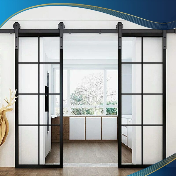Cửa nhựa lõi thép 2 cánh màu đen mở trượt kết hợp thanh nan