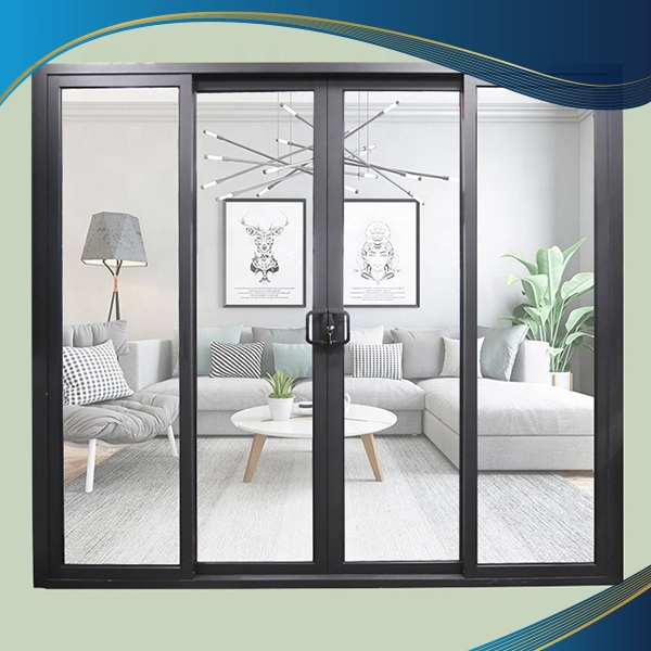 Cửa nhựa lõi thép 4 cánh màu xám mở trượt lắp tại lối ra vào