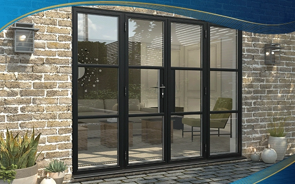 Cửa nhựa lõi thép màu đen 4 cánh mở quay giúp cửa phòng khách biệt thự tôn lên sự đẳng cấp nhưng không kém phần sang trọng. 
