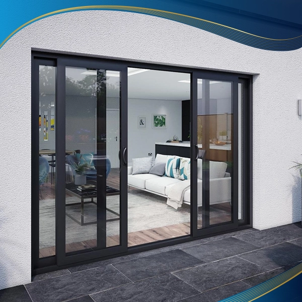 Cửa đi nhựa lõi thép vân gỗ 4 cánh mở trượt được lắp đặt chủ yếu làm cửa ra vào phòng khách tại biệt thự, nhà ở hiện đại