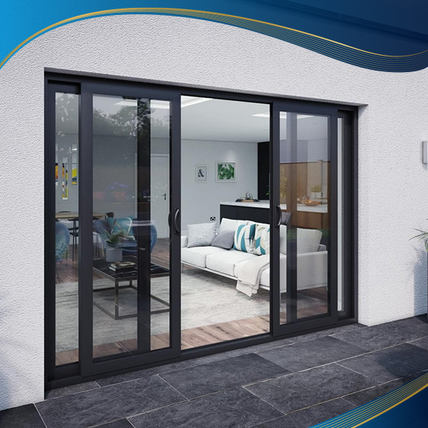 Cửa đi nhựa lõi thép vân gỗ 4 cánh mở trượt được lắp đặt chủ yếu làm cửa ra vào phòng khách tại biệt thự, nhà ở hiện đại