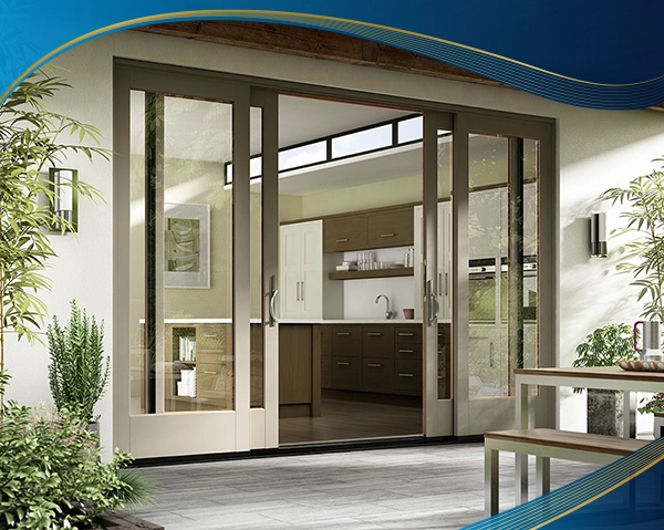Cửa nhựa lõi thép 4 cánh mở trượt màu ghi - vàng làm cửa đi ra ban công cho căn villa đẹp