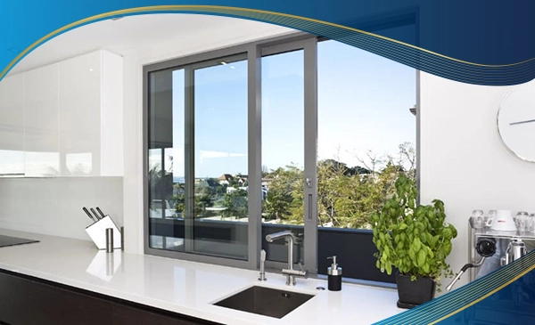 Cửa nhựa lõi thép 2 cánh mở trượt màu xám cho vị trí phòng bếp tại home homestay