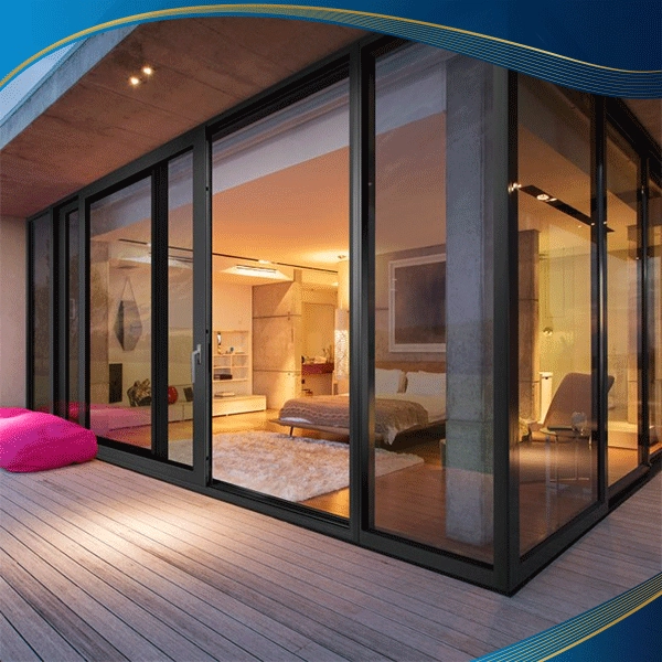 Cửa nhựa 2 cánh xếp trượt màu đen sử dụng để làm cửa phòng ngủ ở các villa, khu nghỉ dưỡng