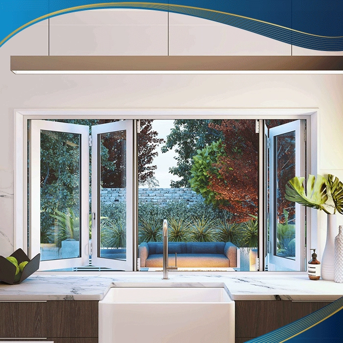 Cửa sổ mở xếp trượt 4 cánh màu trắng được lắp đặt tại khu vực nhà bếp của gia đình, vừa tận dụng được ánh sáng và view thoáng từ bên ngoài, vừa đảm bảo được sự hiện đại, sang trọng cho tổng thể không gian.