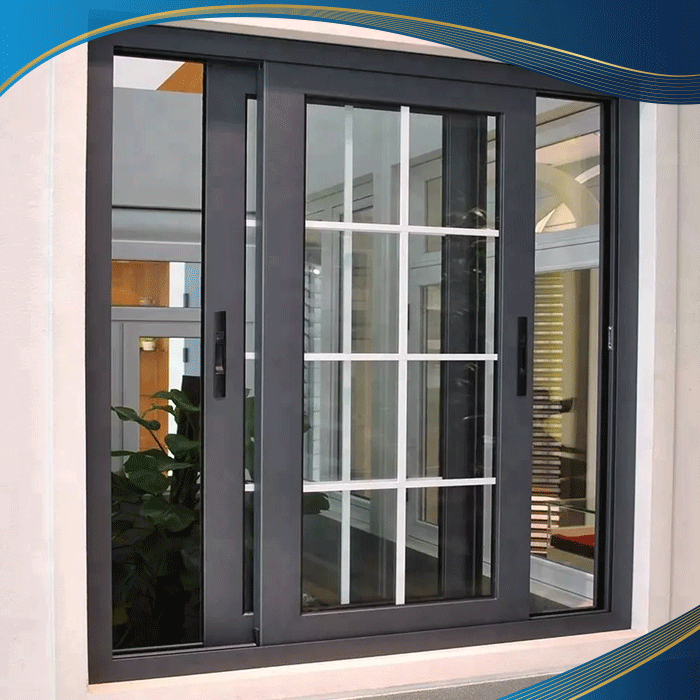 Cửa sổ nhựa lõi thép 2 cánh mở trượt màu đen có nan trang trí được lắp đặt tại văn phòng làm việc