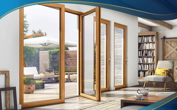 Cửa đi 2 cánh màu vân gỗ sáng làm cửa ban công của phòng đọc sách của căn biệt thự vừa đơn giản, vừa thanh lịch