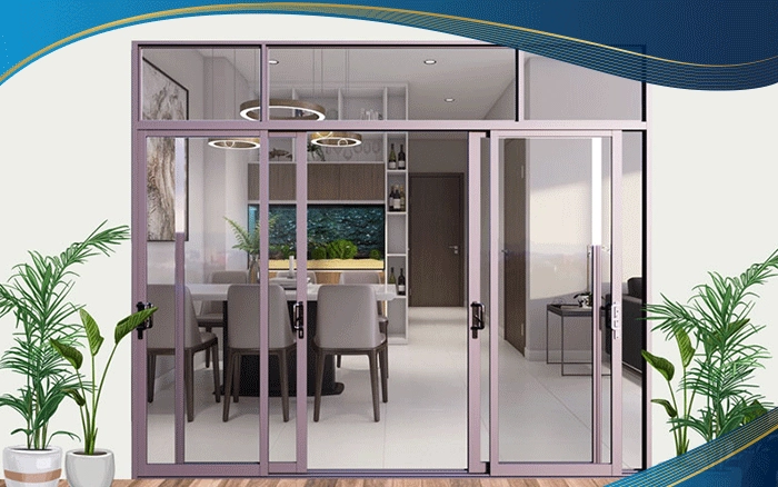 Cửa đi nhôm 4 cánh mở trượt kết hợp vách ngăn phía trên cho căn phòng ăn thêm thông thoángCửa đi nhôm 4 cánh mở trượt kết hợp vách ngăn phía trên cho căn phòng ăn thêm thông thoáng