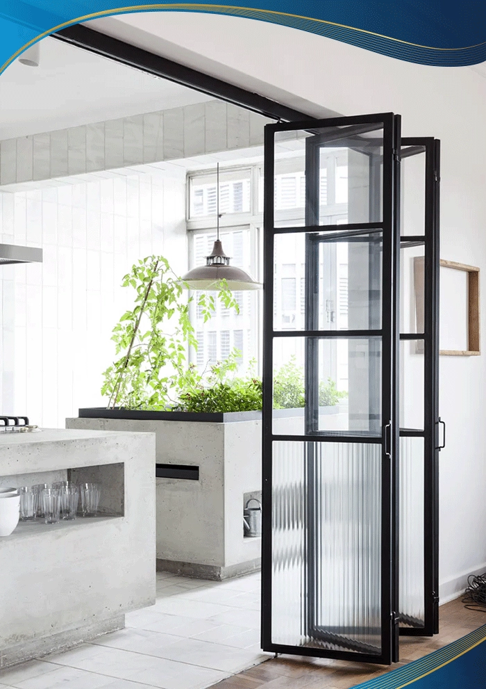 Cửa đi nhôm lõi thép 4 cánh chia ô mở xếp thiết kế hiện đại, phù hợp với cửa chính ra vào có diện tích lớn