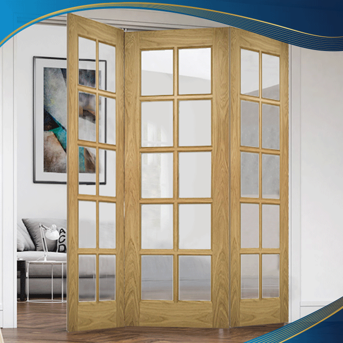 Cửa nhựa lõi thép 3 cánh đi xếp trượt màu vân gỗ chia ô dạng nan trang trí để tạo nét riêng cho vị trí thông phòng