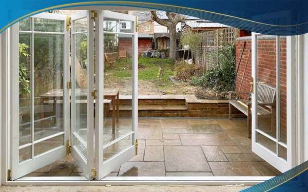 Cửa sổ đi xếp trượt có nan trang trí 4 cánh màu trắng đẹp mắt tạo nên sự hài hoà, sang trọng cho không gian của khu nghỉ dưỡng nhà vườn.