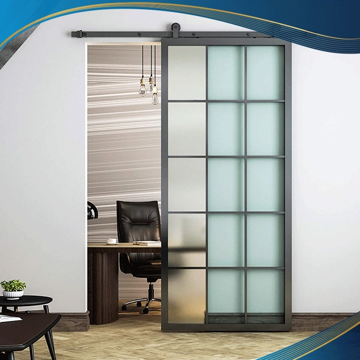 Cửa nhôm đi mở trượt 1 cánh màu xám kính mờ cho phòng làm việc tại nhà giúp người dùng có không gian làm việc lý tưởng nhất