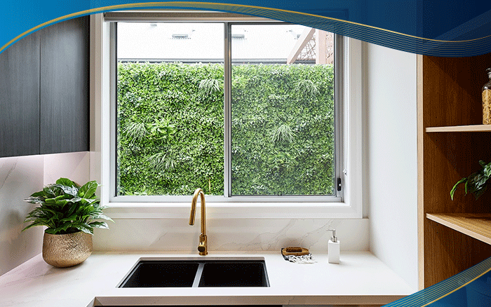 Mẫu cửa sổ mở lùa 2 cánh màu trắng được lắp đặt tại không gian bếp của villa cao cấp, lựa chọn tone sur tone với sơn tường nên khá sạch sẽ và tinh tế, không gian bên trong cũng thoáng rộng hơn rất nhiều. 