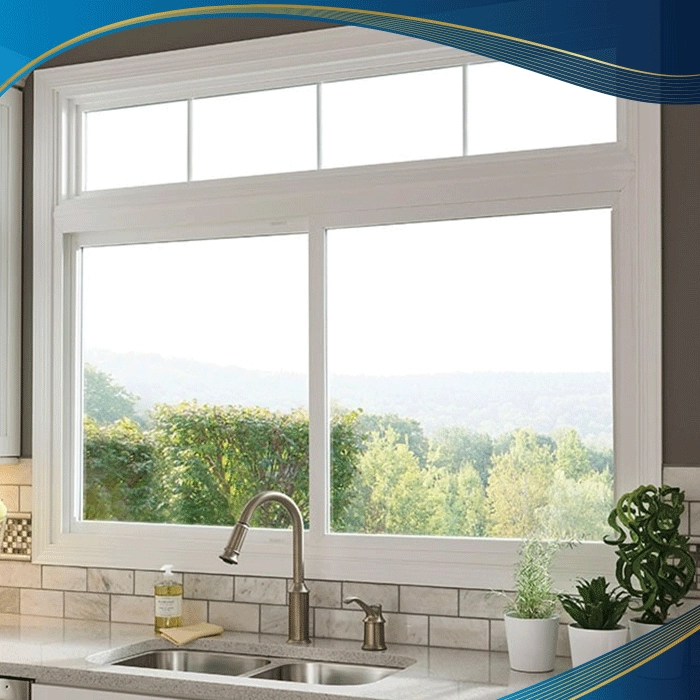Cửa sổ nhôm kính mở trượt 2 cánh kết hợp vách kính cố định ở trên tận dụng tối đa ánh sáng tự nhiên