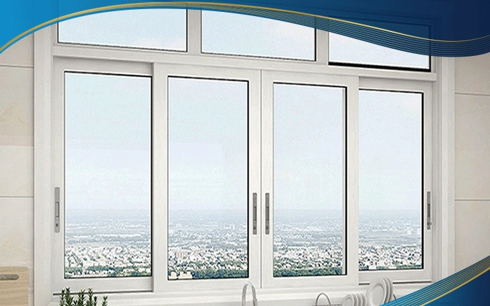 Cửa nhựa lõi thép 4 cánh màu trắng mở lùa có vách cố định ở trên phù hợp lắp đặt cho nhà ở, chung cư, văn phòng,... giúp tối ưu không gian