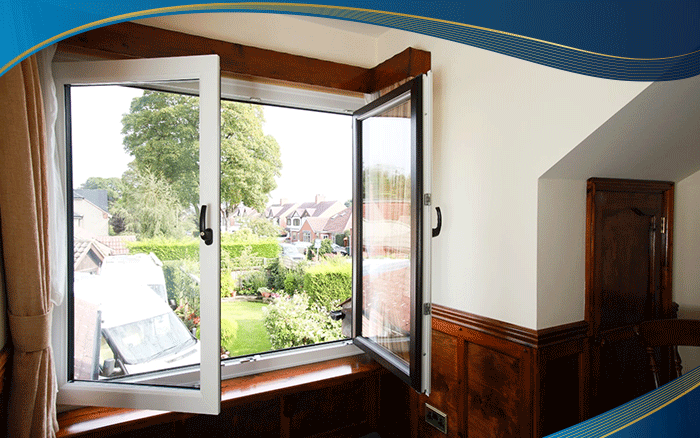 Cửa sổ nhựa uPVC 2 cánh màu trắng mở quay phù hợp với cửa sổ mặt tiền của những ngôi nhà, biệt thự có thiết kế hiện đại