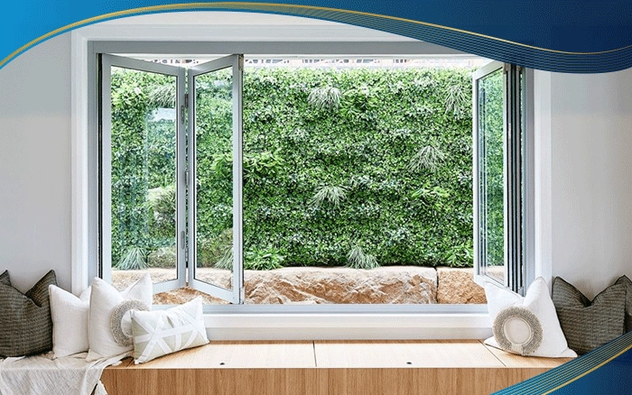 Cửa sổ xếp trượt 3 cánh màu trắng được lắp đặt tại khu vực nhà bếp của biệt thự sân vườn