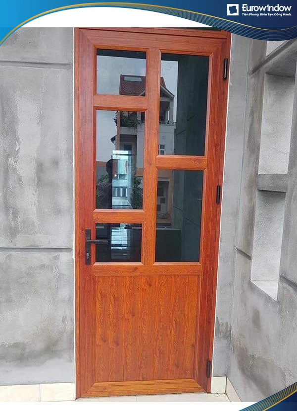 Cửa nhôm giả gỗ 1 cánh chia ô sử dụng kính màu
