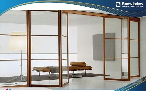 Cửa lùa xếp trượt nhôm kính vân gỗ chia ô