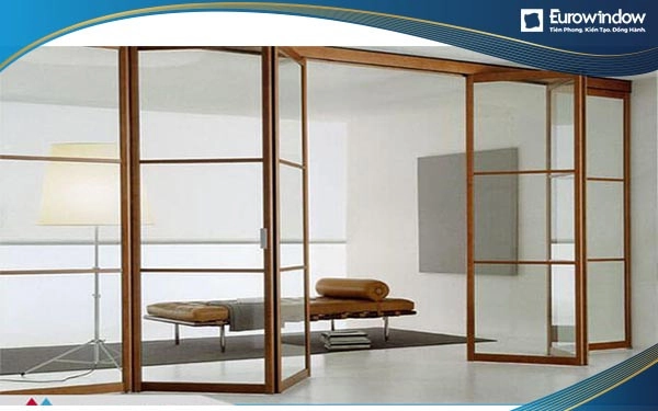 Cửa lùa xếp trượt nhôm kính vân gỗ chia ô
