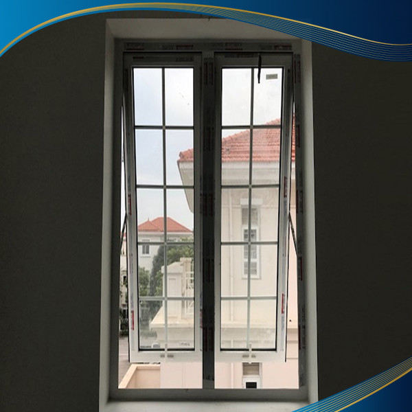 Cửa nhôm màu trắng 2 cánh mở hất có nan trang trí