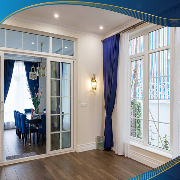 Cửa nhôm màu trắng 2 cánh chia ô kết hợp kính cố định