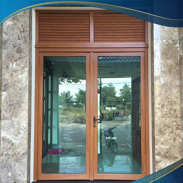 Cửa nhựa lõi thép 2 cánh vân gỗ kết hợp vách cố định