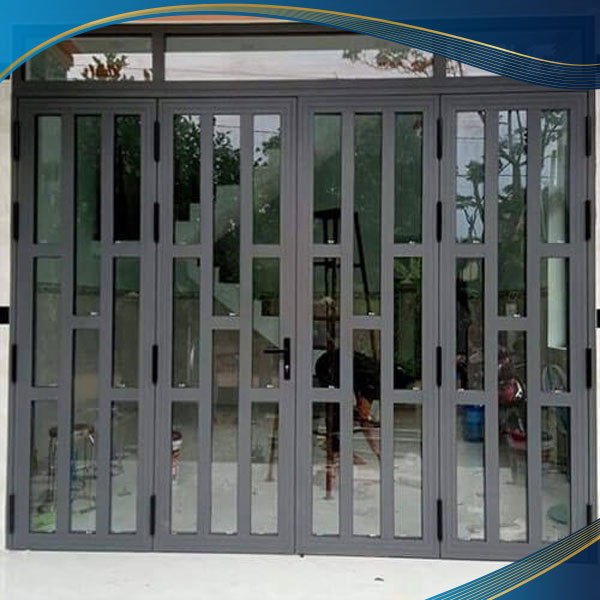 Cửa nhôm 4 cánh màu xám chia ô