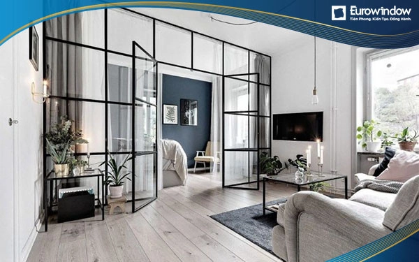 Cửa nhôm chia ô đố ngang kết hợp vách kính