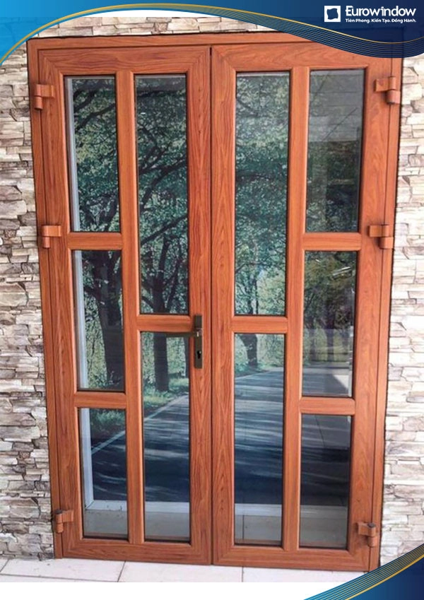 Cửa nhôm chia ô lệch màu vân gỗ