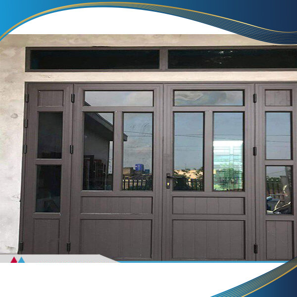 Cửa nhôm màu cà phê 2 cánh kết hợp pano