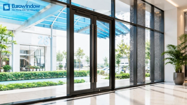 Cửa bản lề sàn tự động Eurowindow có hệ thống cảm biến đa lớp, đảm bảo an toàn trong quá trình vận hành