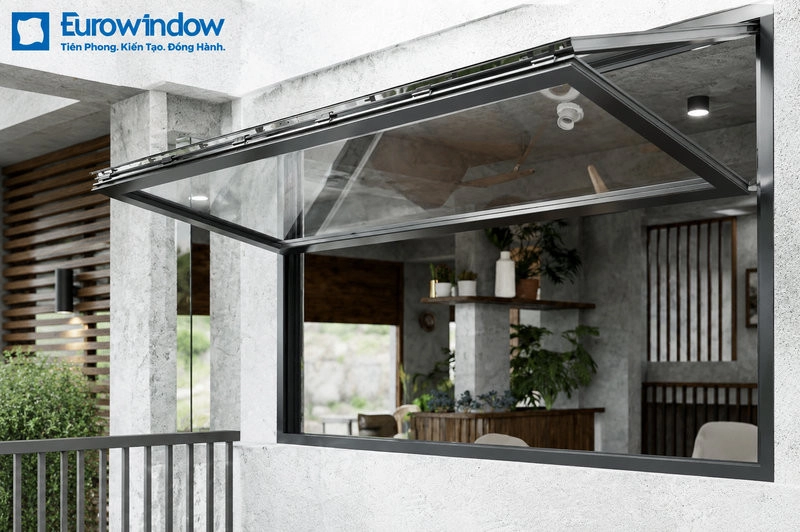 Cửa gấp trượt dọc tự động Eurowindow vừa đóng mở như hệ cửa thông thường, vừa làm mái che tránh hắt mưa