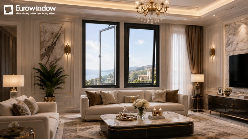 Cửa sổ tự động Eurowindow có thiết kế tinh gọn, giấu kín chi tiết kỹ thuật và dễ hài hòa với nhiều phong cách nội thất.