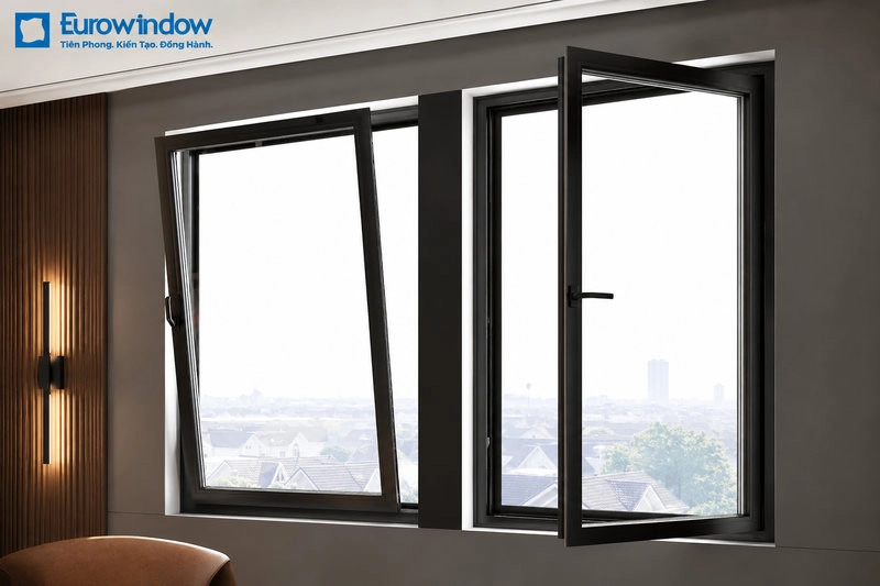 Cửa sổ tự động Eurowindow hỗ trợ điều khiển bằng remote và nút bấm, phù hợp với các vị trí cửa khó thao tác trực tiếp.