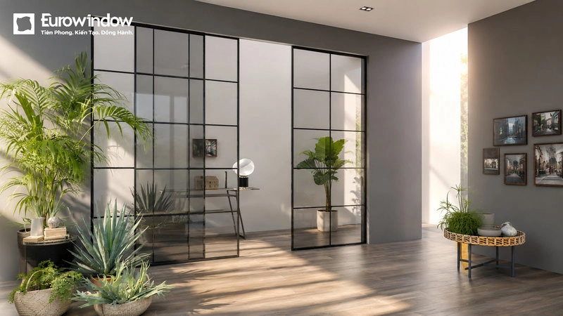 Cửa trượt slim ray treo giúp tổng thể không gian trở nên hài hòa, thoáng đãng hơn