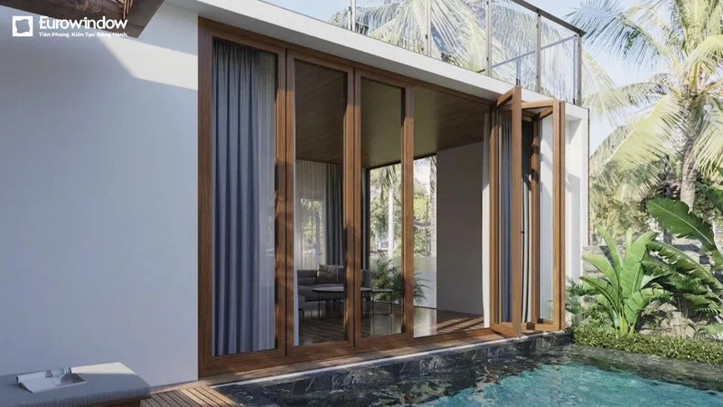 Cửa đi nhôm 6 cánh xếp trượt có nhiều lựa chọn màu sắc, kính và phụ kiện theo nhu cầu thiết kế.