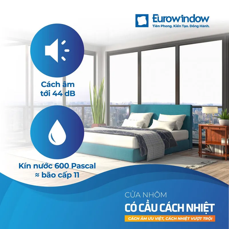 Cửa đi nhôm kính của Eurowindow hệ có cầu cách nhiệt giúp cách âm lên đến 44dB, giúp loại bỏ tiếng ồn xung quanh, tạo không gian nghỉ ngơi và làm việc yên tĩnh chính