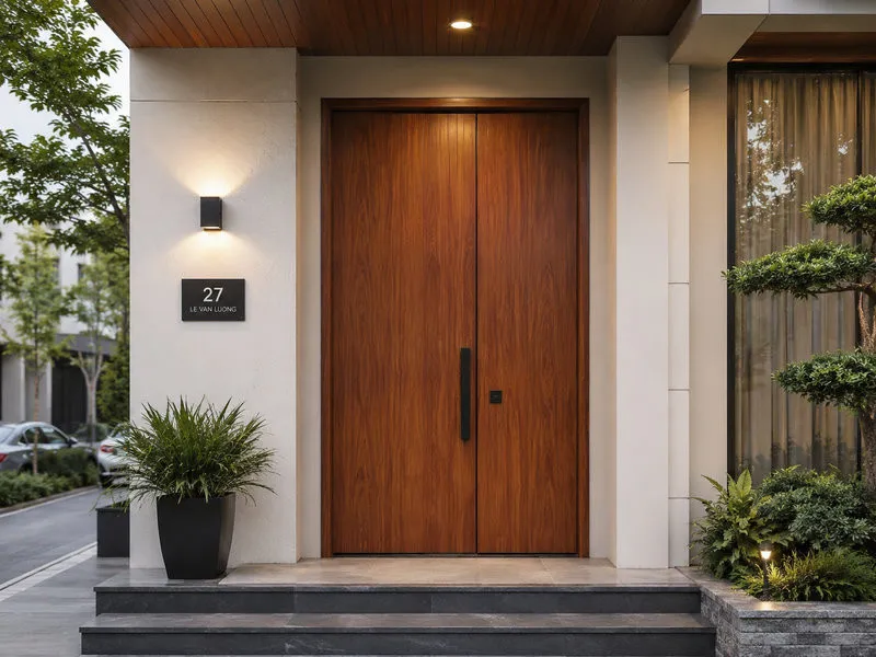 Cửa gỗ 2 cánh trơn phẳng phù hợp với căn hộ, nhà phố hiện đại và phong cách tối giản.