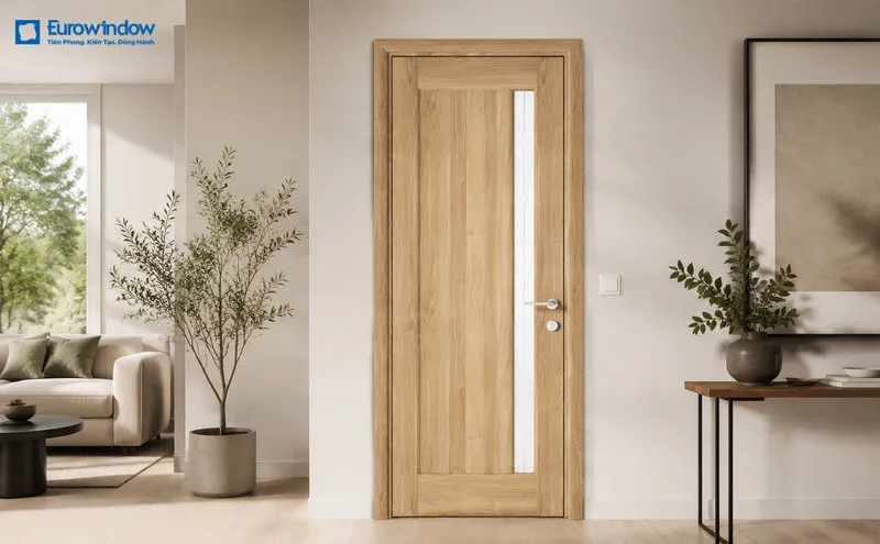 Cửa gỗ ghép thanh được hoàn thiện trên dây chuyền sơn tự động, bề mặt đều màu và thẩm mỹ.