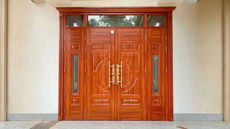 Cửa gỗ tân cổ điển có pano và phào chỉ phù hợp với biệt thự, nhà phố cao cấp.