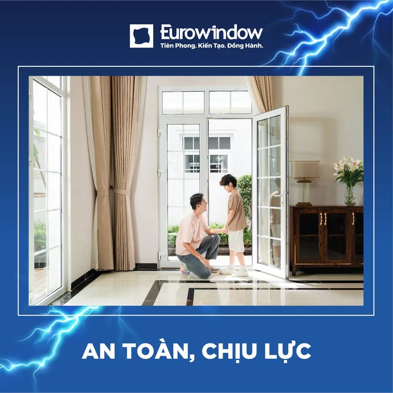 Cửa nhôm Eurowindow có cấu trúc vững chắc với thanh nhôm profile được thiết kế với nhiều khoang rỗng, gân tăng cứng, đảm bảo chịu được sức gió lên đến bão cấp 17.